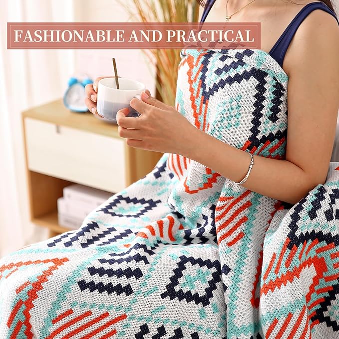 Knitted Queen Size Throw Blanket - Lightweight Breathable Summer Soft Blanket of Polyester Imitation Cotton for Anti-Static,Luxury Throws for Bed, Couch and Sofa,Orange Tassel Pattern