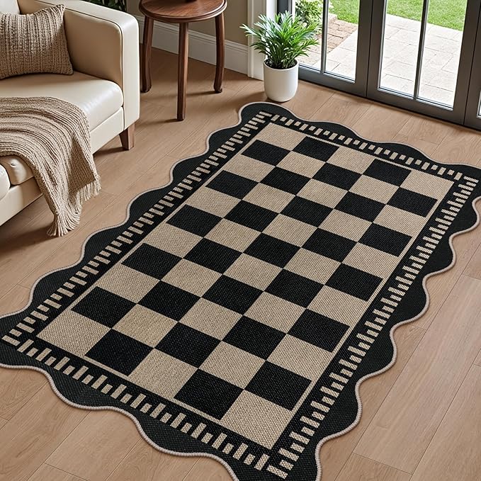 Checkered Easy Jute 3x5 Outdoor Patio Rug, Washable Rugs for Entryway Indoor Outdoor Area Rug Black Kitchen Rugs, Non-Slip Farmhouse Neutral Rug for Balcony Backyard