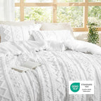 Bedsure Tufted Boho Comforter Set Queen Size - Bright White Boho Bed Set, GentleSoft™ 3 Pieces Farmhouse Shabby Chic Embroidery Bedding, Gifts for Woman, Soft Jacquard Queen Comforter for All Seasons