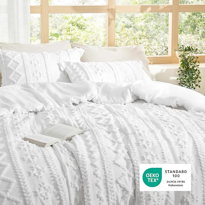 Bedsure Tufted Boho Comforter Set Oversized King - Bright White Boho Bed Set, GentleSoft™ 3 Pieces Farmhouse Shabby Chic Embroidery Bedding, Gifts for Woman, Soft Jacquard Comforter for All Seasons