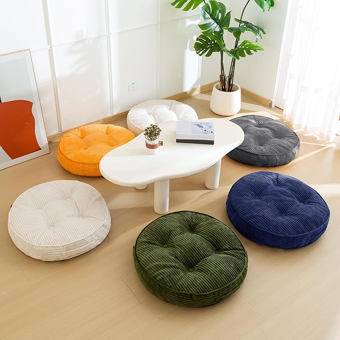 HIGOGOGO Floor Pillow Cushion for Adults, Meditation Cushion Pillow, Large Round Floor Sitting, Tufted Corduroy Cover, for Tatami Living Room or Yoga, 22x22 Inch, 2Pack, Orange