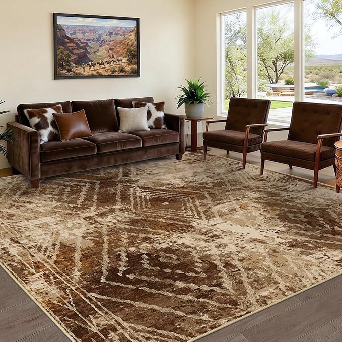 Area Rug 9x12 Rug Machine Washable Non-Slip Low Pile Print Pattern Western Rug for Living Room Bedroom Entryway Tribal Series-Abstract/Cowhide