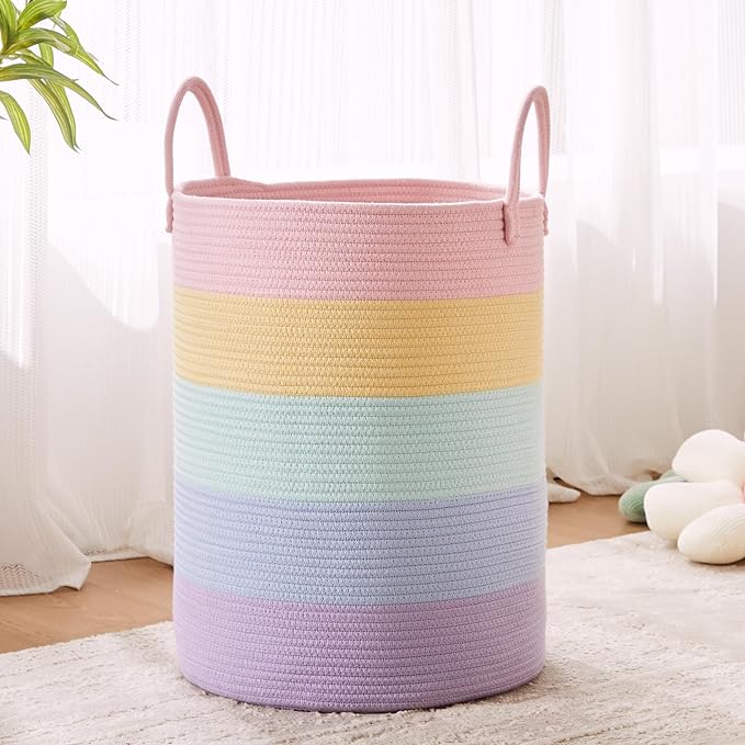 60L Hamper Laundry Basket for Baby Girls Kids Rainbow Nursery Hamper for Clothes Pastel Unicorn Woven Rope Blanket Basket for Toy in Playroom Bedroom 15Dx20H inches Large
