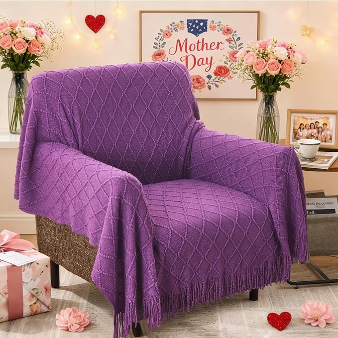 inhand Purple Knitted Throw Blanket for Couch Bed, Mothers Day/Mom Birthday Gifts for Mom from Daughter Son, Soft Lightweight with Tassels, Farmhouse Warm Decorative Blanket for Women, 60"x80"