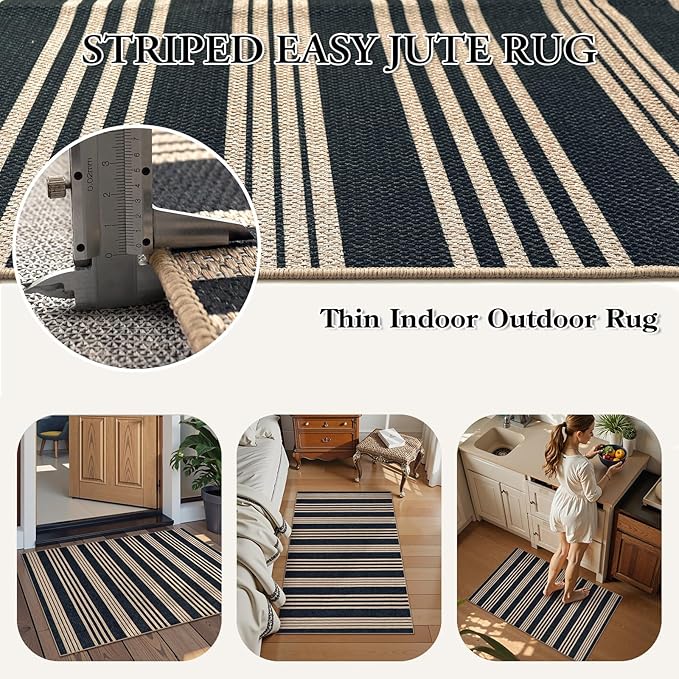 Lahome Elance Striped Easy Jute Front Door Mat, 2x3 Washable Kitchen Rug Small Indoor Outdoor Rugs for Entryway, Farmhouse Neutral Lightweight Non Slip Black Carpet for Foyer