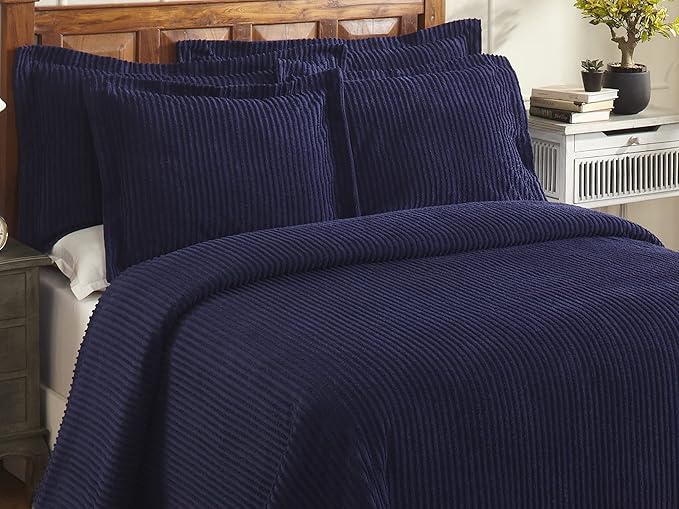 Better Trends Chenille Bedspreads Twin Size, Navy 100% Cotton Chenille Stripe Design Tufted Bedding Coverlet Soft Lightweight, 96"x110" with 1 PC Sham 2 Pieces Set Jullian Collection
