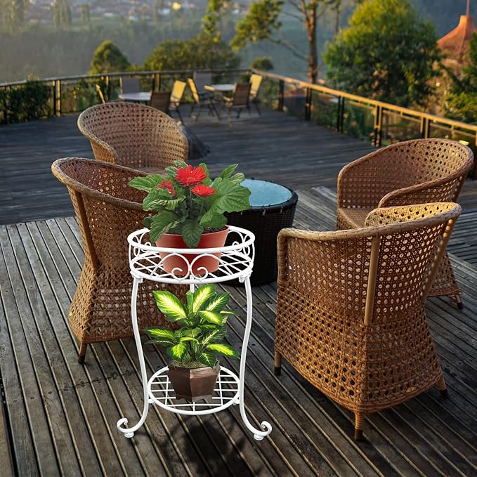 White Metal Plant Stand, 18.5 inch Tall 2 Tier Potted Holder Rack, Heavy Duty Flower Pot Shelf for Indoor Outdoor Patio Balcony Corner Garden