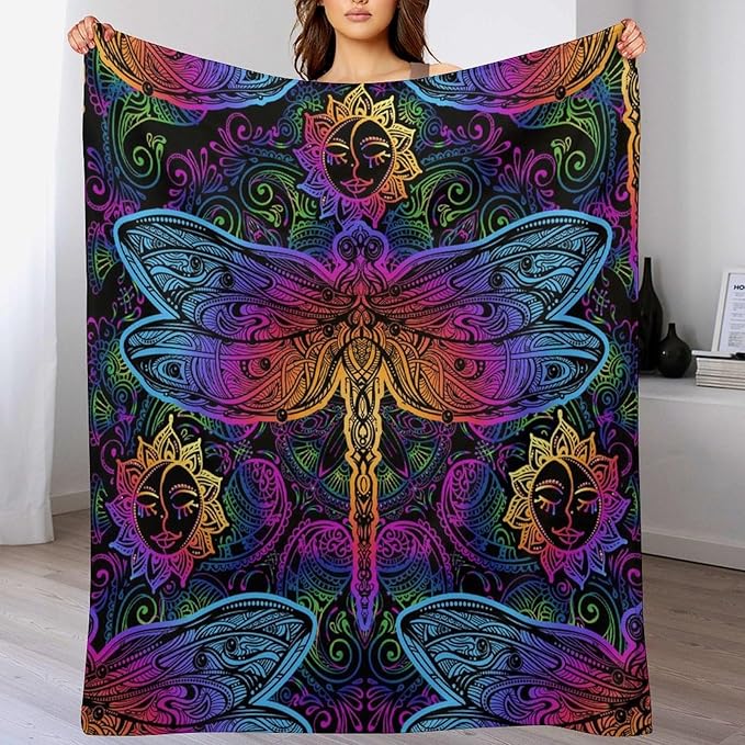 Mandala Boho Throw Blanket Colorful Dragonfly Sun Bohemian Blanket for Sofa Bed Couch Chair Or Dorm 50"x60"