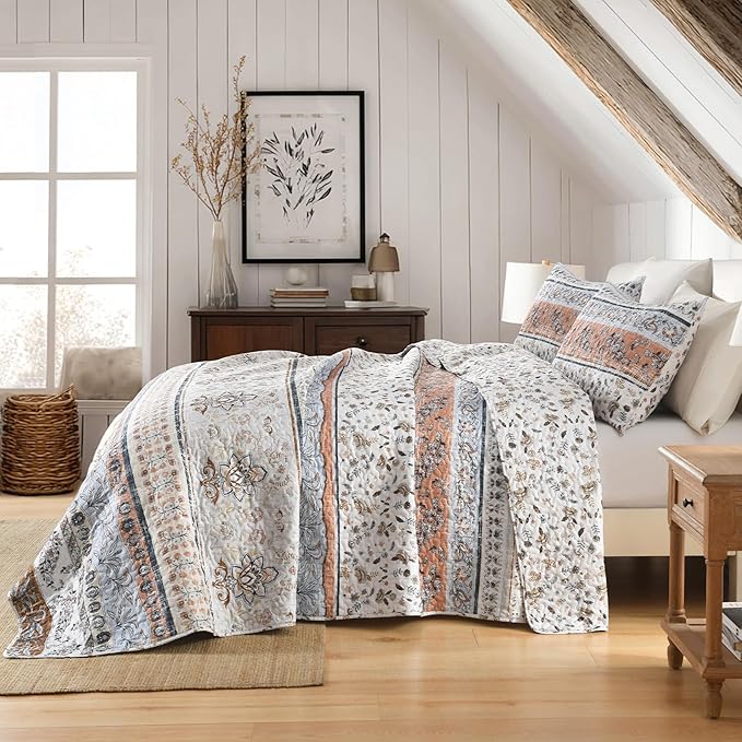 Boho Style Twin Size Quilt Set Mocha Brown Bohemian Floral Strip Quilt Beddding Set, Soft and Lightweight Bedspread for All Season,XL Twin Bed Coverlet with 1 Matching Pillow Sham (2 Pieces)