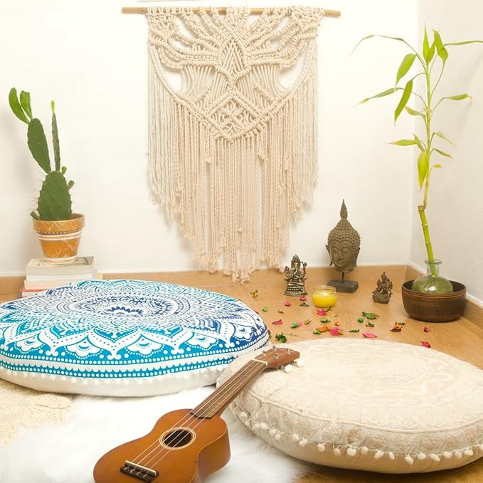 Mandala Life ART Yoga Decor Floor Cushion Cover - Round Meditation Pillow Case - Hand Printed Organic Cotton Pouf