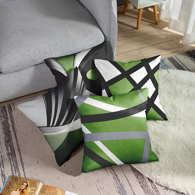 Emvency Set of 4 Green Throw Pillow Covers Modern Abstract Black Grey White Stripes Acrylic Bold Decorative Pillow Cases Home Decor Square 18x18 Inches Pillowcases