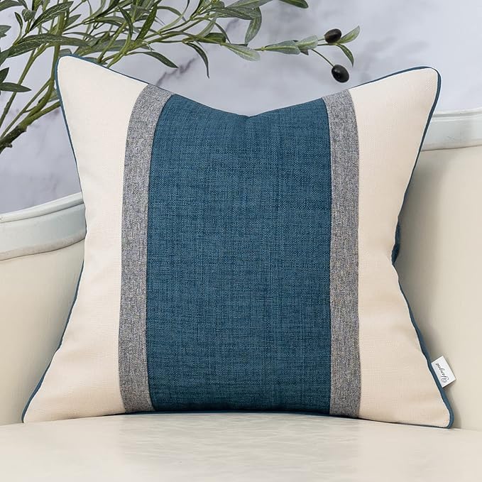Yangest Patchwork Pillow Cover 18x18 Inch Luxury Cotton and Linen Cushion Cover Square Pillowcover for Couch Bedroom Living Room, Blue