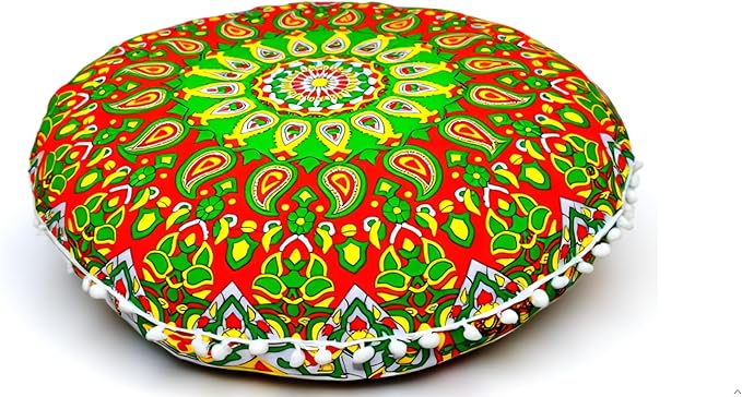 CRAFT KALA 22" Round Mandala Comfort Meditation Floor Pillow Cover, Large Pillows Seating Cover for Adults, Cushions Cover for Outdoor Yoga Fireplace Living Room Ottoman Cover Green Red Flower