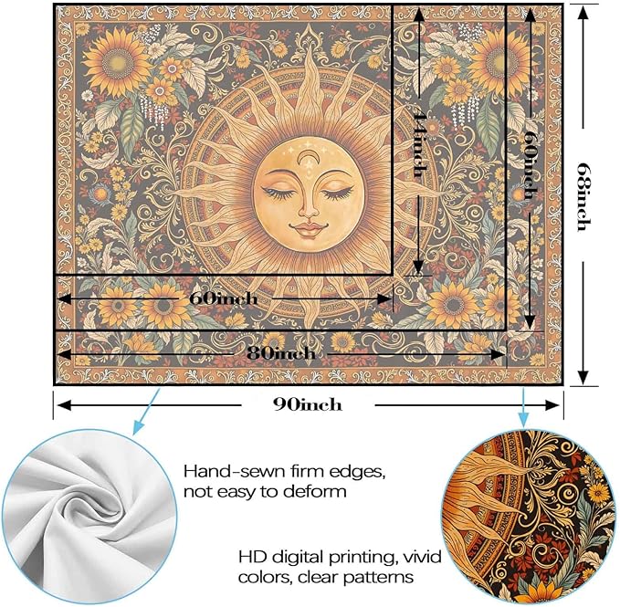 Spenlife Celestial Sun Tapestry, Boho Floral Tapestries for Bedroom, Aesthetic Wall Decor, Sunflower Tapestries (80" x 60")