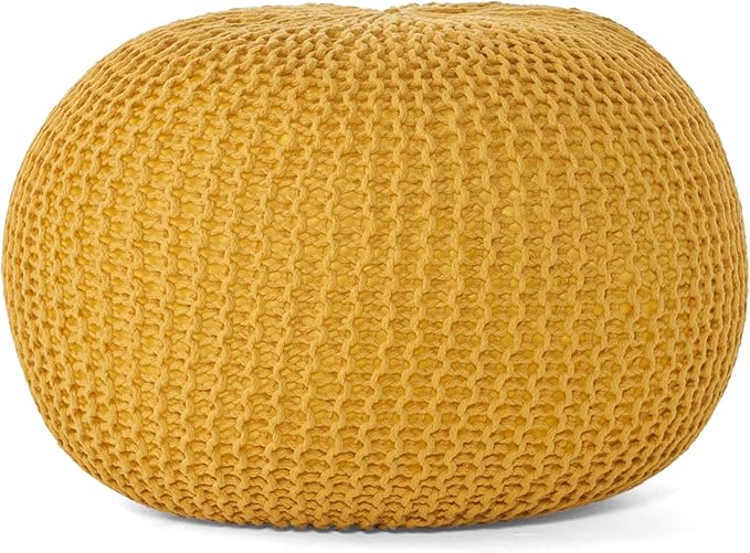 Round Pouf Ottoman, 18" Bordeaux Knitted Cotton Woven Round Pouf, Handmade Woven Bean Bag for Living Room, Floor Bag for Bedrooms, Home, Offices, Sofa Footrest (Yellow)