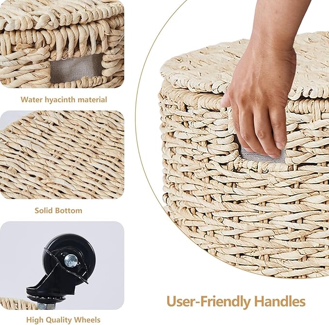 Wimarsbon 2Pcs Pouf Ottomans, Natural Seagrass Foot Stool, Hand Weaving Round Ottoman, Boho Decorative Seat, Jute Braided Pouffe Poof Accent Sitting Footrest (Storage Corn Husk)