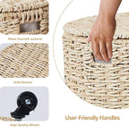 Wimarsbon 2Pcs Pouf Ottomans, Natural Seagrass Foot Stool, Hand Weaving Round Ottoman, Boho Decorative Seat, Jute Braided Pouffe Poof Accent Sitting Footrest (Storage Corn Husk)