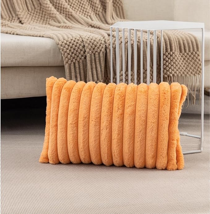 ZLINA Set of 2 Orange Faux Fur Decorative Throw Pillow Covers Fluffy Striped Pillowcase Cushion Covers 12 x 20 Inch Decor Sofa Couch Bedroom