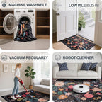 Washable 2' x 6' Runners for Hallways, Non Slip Long Floor Runner for Kitchen, Entryway Indoor, Stain Resistant Rubber Backing Floral Decor Rug (Black)