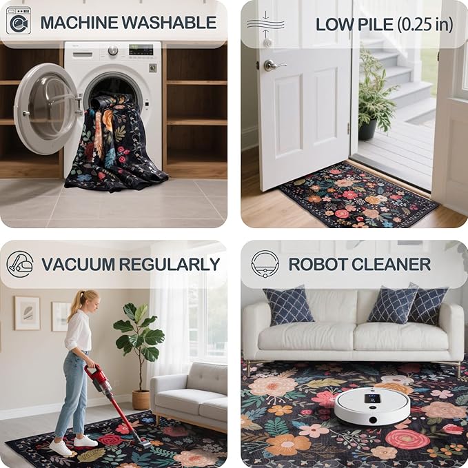 9x12 Area Rug, Floral Rugs for Living Room, Stain-Resistant Washable Bedroom Rug, Non-Slip Area Rugs for Dining Room Under Table, Indoor Carpet for Home Office (9 x 12 Black)
