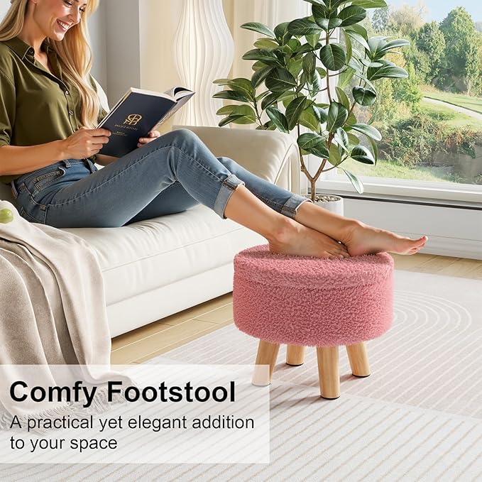 Pink Storage Ottoman Foot Rest, Small Sherpa Ottoman with Storage, Cute Round Foot Stool, Modern Pouf Ottomans Coffee Table, Boucle Teddy Footstools for Couch, Living room, Nursery, Dorm, Enterway