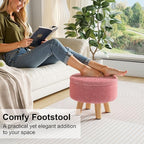 Pink Storage Ottoman Foot Rest, Small Sherpa Ottoman with Storage, Cute Round Foot Stool, Modern Pouf Ottomans Coffee Table, Boucle Teddy Footstools for Couch, Living room, Nursery, Dorm, Enterway