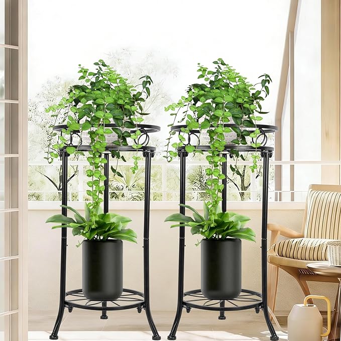 THKFUL 2Pack Plant Stand Indoor Outdoor,20.3" Heavy Duty Metal Pot Plants Stands for Multiple Plant,2 Tier Corner Flower Pot Stand Holder Rack Planter Display for Patio Garden Balcony(Black)