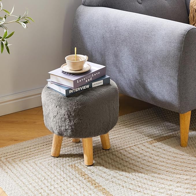 YMYNY Round Pouf Ottoman Small Foot Stool Faux Fur Foot Rest for Couch Modern Boho Footstools with Wood Legs for for Living Room Bedroom Office 12.6" D×12.6" W×12.6" H Dark Gray UHBD035GR
