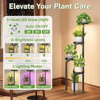iDavosic.ly Tall Plant Stand Indoor with Grow Light, 4 Tier Corner Multiple Flower Holder Shelf with Metal Trays, Space Saving Display Rack for Living Room Balcony Patio Porch | Black & Brown