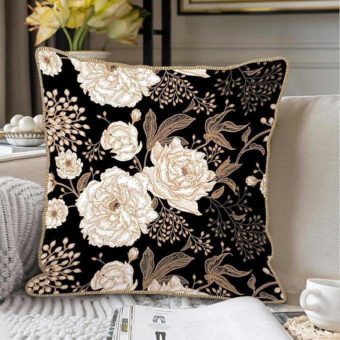 KSLIDS Vintage Peony Roses Floral Soft Velvet Throw Pillow Covers Set of 2 White Roses Flower Bloom Leaves Decorative Pillow Covers 18x18 Inch Black Gold Cream Pillow Case for Sofa Couch Home Decor