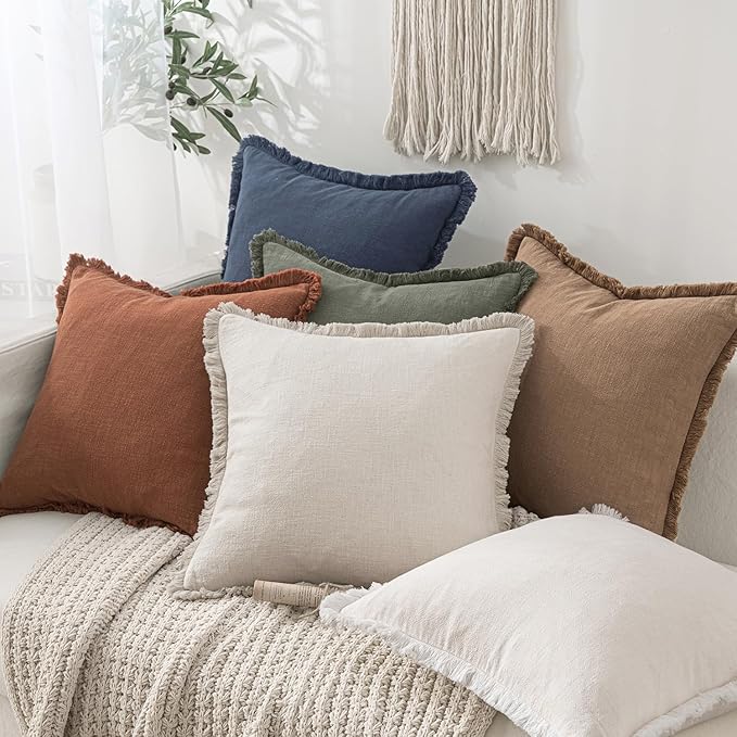 MIULEE Decorative Throw Pillow Covers Neutral Linen Fringe Throw Pillows Euro Shams Set of 2 Natural Beige Boho Farmhouse Cushion Covers for Couch Sofa Bed Living Room Spring Home Decor 26x26 Inch