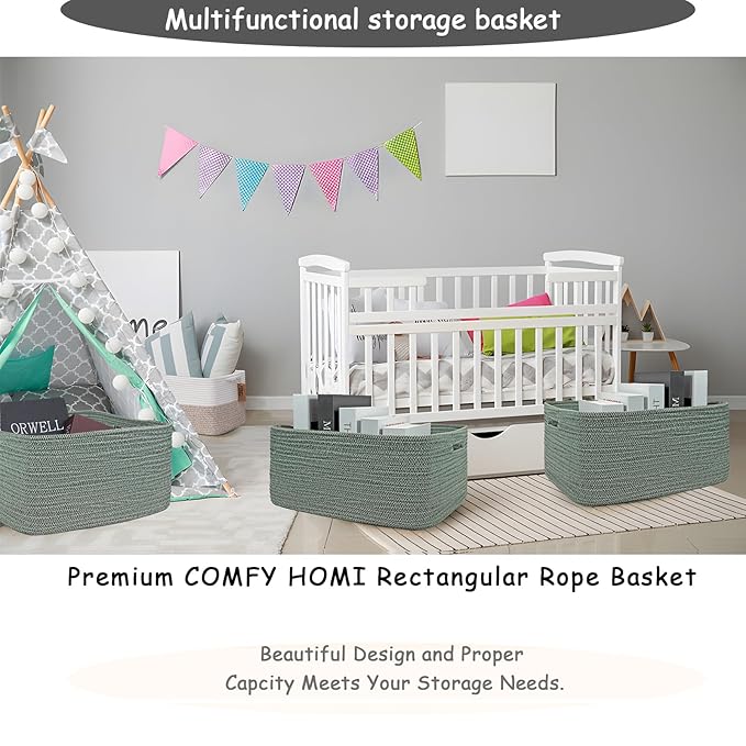 COMFY-HOMI Cotton Rope Woven Basket with Handles for Shelves,Toys,Book, Cloth Storage Baskets for Organizing-17" x 13" x 7.5" Toy Decorative Organizer for Living Room, Bathroom （Green）