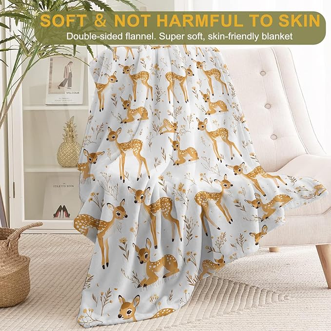Cute Deer Fleece Blanket - Lightweight Soft Cozy Gifts Throw for Nature Lovers,Kids,Girls,Women,Sweet Animal & Floral White Blankets,Home Room Modern Art Decor 60x80in