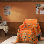 Boho Throw Blanket Throw Size, Soft Cozy Cotton Muslin Quilt Blanket for Bed Decor, Bird Patterned Couch Sofa Chair Cover, Vintage Farmhouse Cottage Tapestry Woven Blanket, Orange&Green