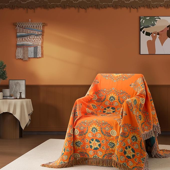 Boho Throw Blanket Throw Size, Soft Cozy Cotton Muslin Quilt Blanket for Bed Decor, Bird Patterned Couch Sofa Chair Cover, Vintage Farmhouse Cottage Tapestry Woven Blanket, Orange&Green