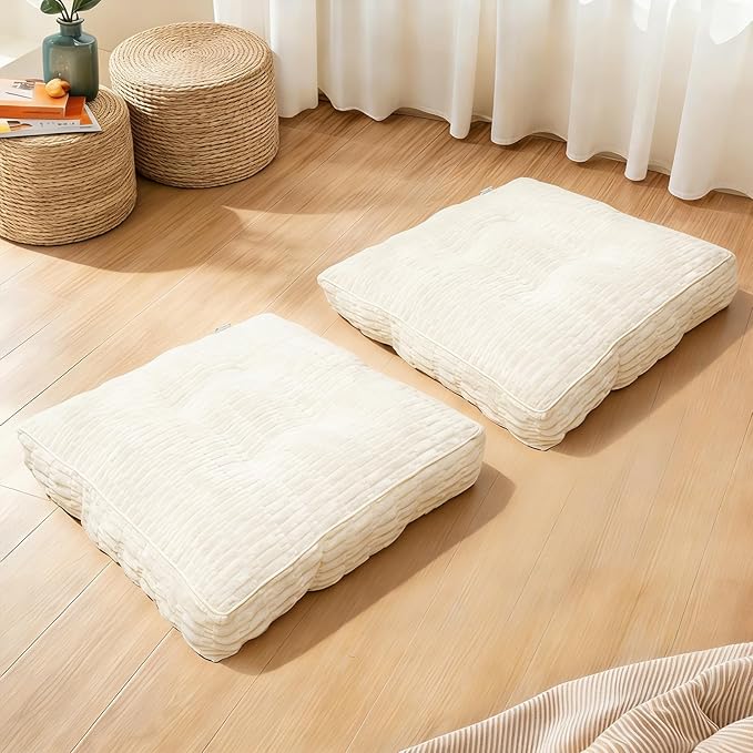 Floor Cushions, Corduroy Floor Pillow, Floors Pillows for Adults & Pets, Large Floors Pouf, Square Floored Pillows for Sitting & Yoga(1PC, Beige White，22"×22"×3.9")