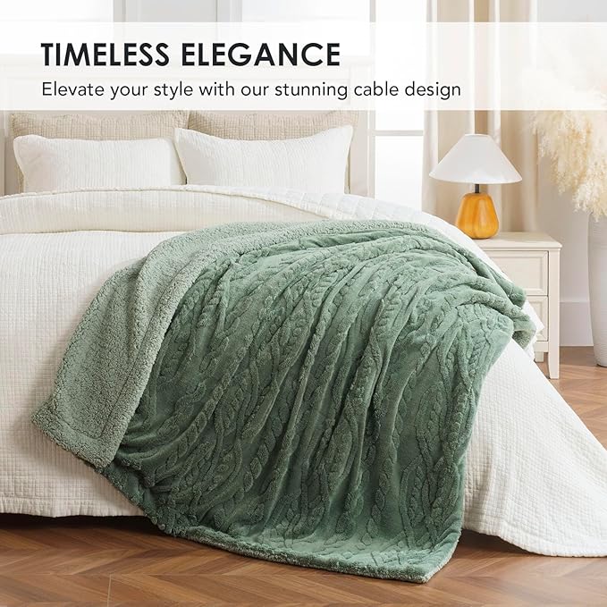 EverGrace Classic Cable Jacquard Sherpa Fleece Throw Blanket for Couch, Soft Cozy Fuzzy Plush Blankets for All Seasons, Reversible Thick Warm Blanket for Bed, Sofa, Living Room, Sage Green, 50" x 60"