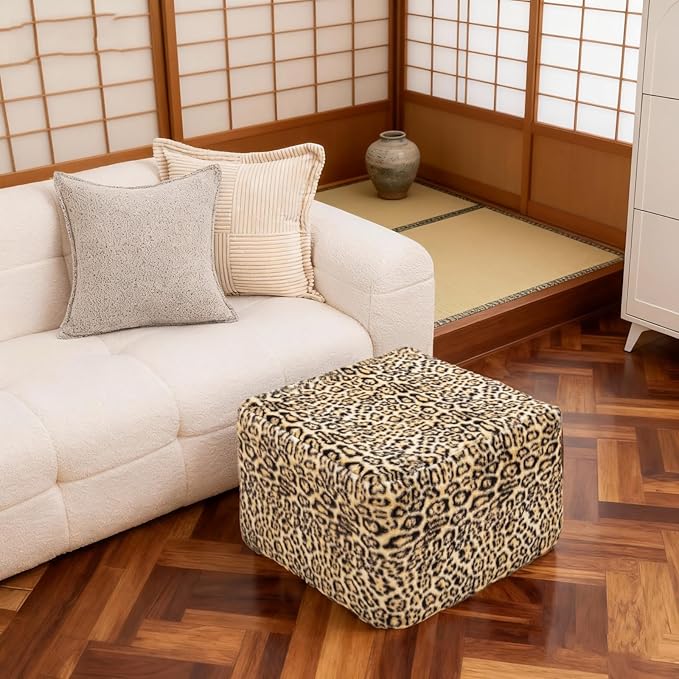 20x20x14 Inches Fluffy Square Pouf Ottoman - Plush Furry Boneless Ottoman Foot Rest Stool with High-Density Foam, Versatile Floor Seating for Living Room (Leopard Print)