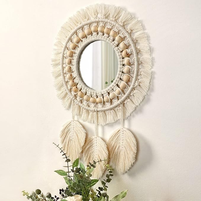 Dremisland Hanging Wall Mirror-Boho Macrame Fringe Round Decorative Mirror with Wood Beads Feather Pendant，Art Ornament for Apartment Home Bedroom Living Room