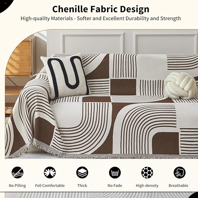 Boho Couch Cover Sofa Covers Washable, Chenille Couch Covers for 3 Cushion Couch Sofa Pet Friendly, Bohemian Sofa Slipcovers for Sectional Sofa, Loveseat, 2 3 4 Seater (91" x 150", Coffee)