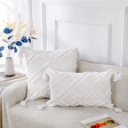 PANOD Super Soft Farmhouse Decorative Plush Throw Pillow Covers 22 x 22 White,Solid Diamond Pattern Tufted with Tassels Modern Accent Boho Square Cushion Cover Pillow Case for Couch Sofa