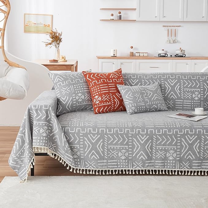 VClife Boho Gray White Couch Cover Plush Soft Chenille Couch Cover for 3-4 Cushion Couch Sofa, 1 PC Washable Breathable Bohemian Sofa Cover for Sectional Couch Thick Furniture Protector 71" x 150"
