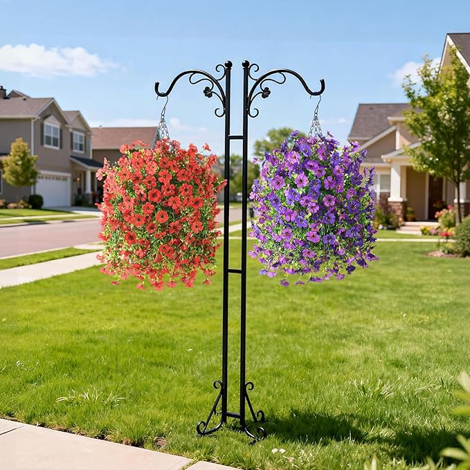 Artificial Flowers Hanging Baskets, 4 Bundles Outdoor Hanging Basket Spring Summer Decoration, No Fade Realistic Fake Flowers Plants for Porch Patio Balcony Home Yard Decor(Red)