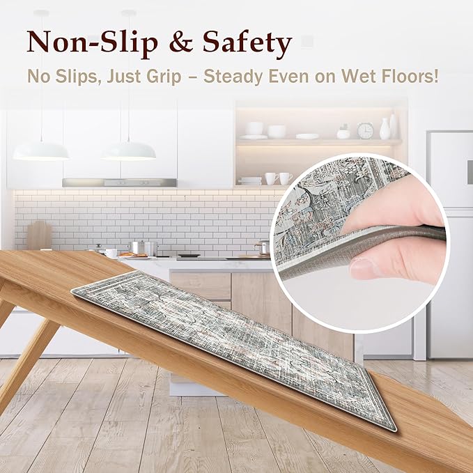 Boho Kitchen Mats for Floor 2 Piece Set Anti Fatigue Cushioned PVC Kitchen Rugs Non Slip Waterproof Farmhouse Mats 2/5 Inch Comfort Standing Mat for Sink, Laundry, 17.3"x47"+17.3"x28", Beige Grey
