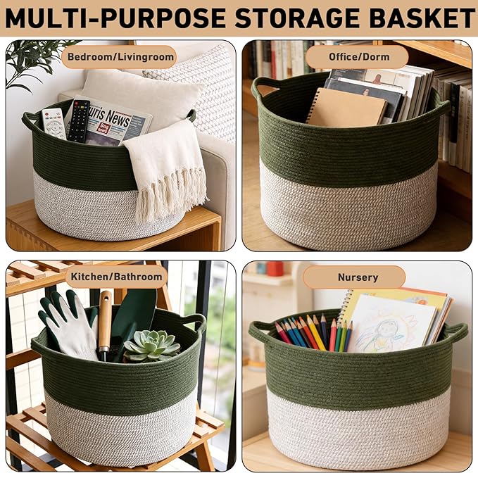 90L Large Blanket Basket,21.7"L x 21.7"W x 13.8"H Rope Woven Baskets with Handles, Toys Storage Bins,Laundry Basket Perfect for Living Room, Nursery,Bedroom,Home Organization,Green&White