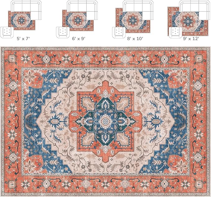 Lessymo 5x7 Area Rugs for Living Room- Machine Washable Area Rugs, Super Soft Faux-Wool Boho Bedroom Area Rug Vintage Floral Medallion Non-Slip Low Pile, Kid & Pet Friendly, Tangerine Blue