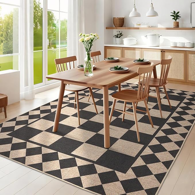 GarveeHome Easy Jute Area Rug 5x7 Washable Rugs for Living Room Patio Checkered Indoor Outdoor Rug Farmhouse Non-Slip No Shed Jute Rugs Geometric Carpet for Backyard Entryway Bedroom, Natural