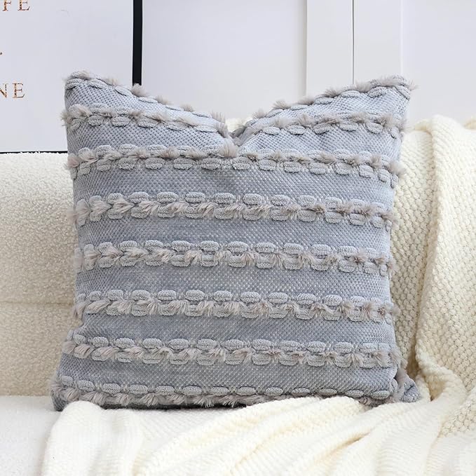 18x18 Boho Pillow Cover - Chenille Tufted Decorative Throw Pillow Cover Soft Velvet Backing, Farmhouse Striped Square Accent Pillow Case for Sofa, Couch, Bedroom, Living Room, Light Grey