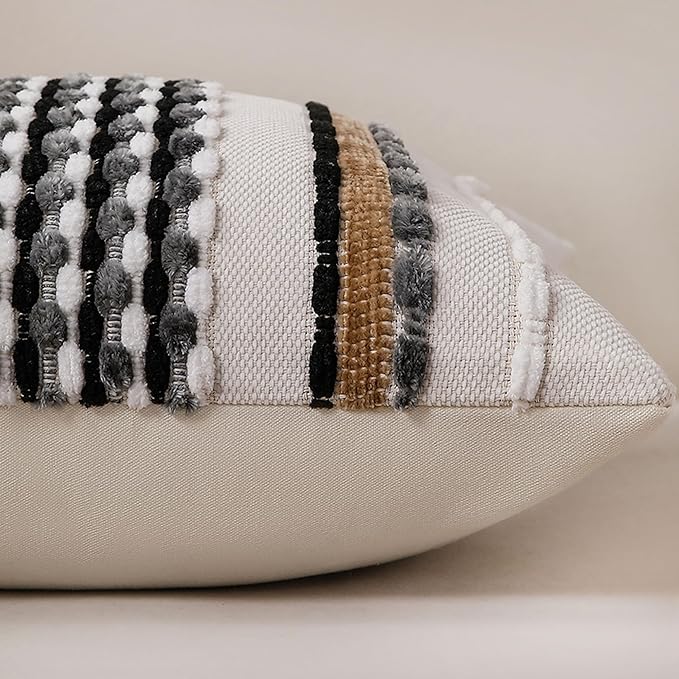 Boho Striped Throw Pillow Covers 18x18 Inch Set of 2 Farmhouse Square Decorative Pillow Covers Chenille Tufted Accent Neutral Pillowcase Black Grey Cushion Cover for Living Room Couch Sofa Bed