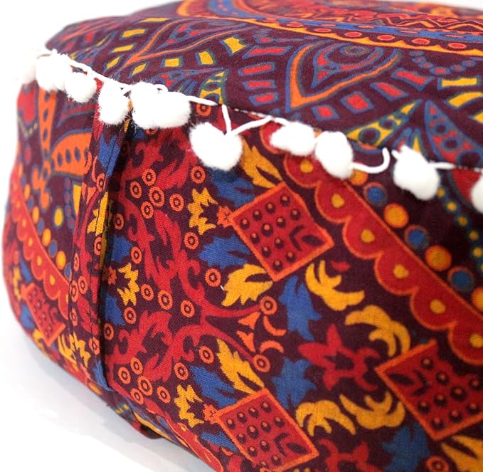 CRAFT KALA Large Hippie Mandala Meditation Floor Ottoman Pillow Cushion Pouf Cover Square Poufs Bohemian Circle Floor Cushion Case Outdoor Fireplace Yoga Living Room Decor Cover New Orange, 18" Round